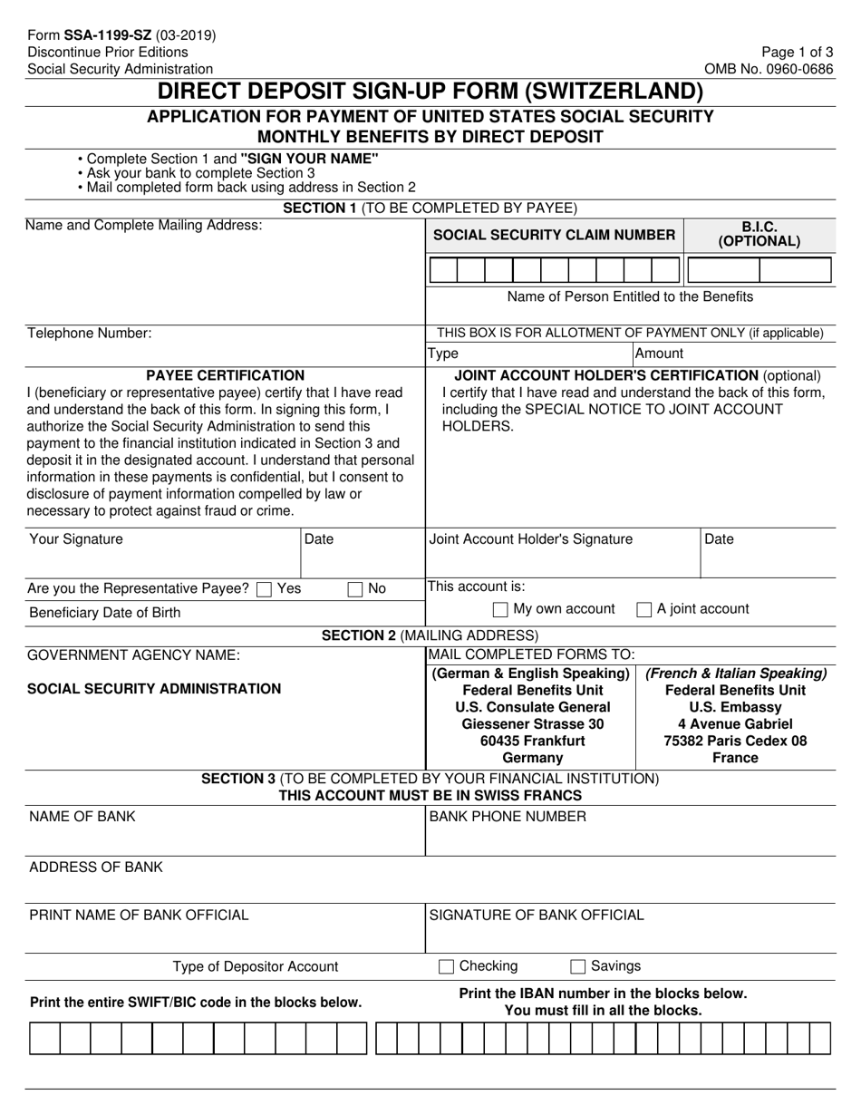Form SSA-1199-SZ Direct Deposit Sign-Up Form (Switzerland), Page 1