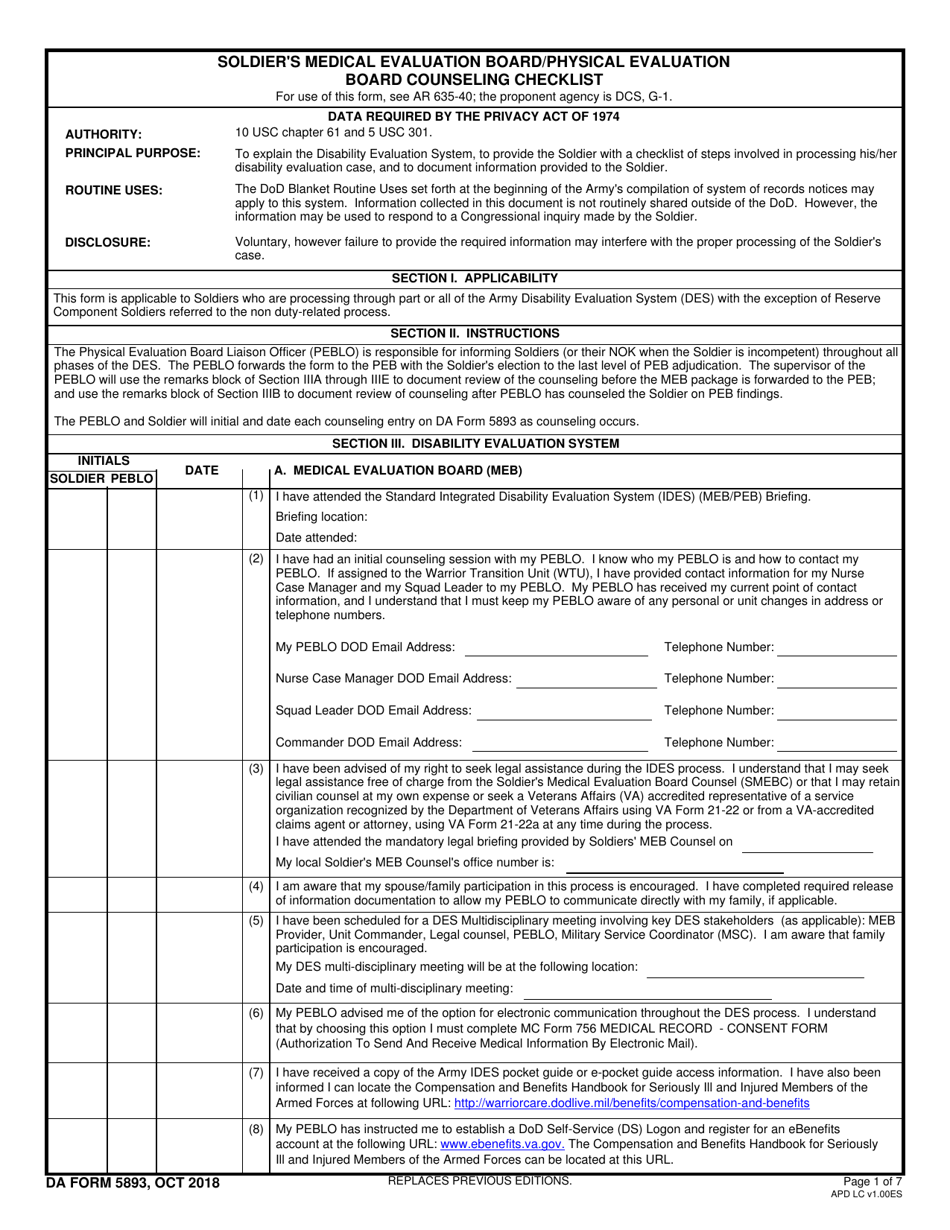DA Form 5893 Soldiers Medical Evaluation Board / Physical Evaluation Board Counseling Checklist, Page 1