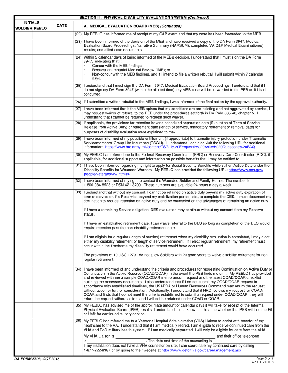 DA Form 5893 Soldiers Medical Evaluation Board / Physical Evaluation Board Counseling Checklist, Page 3