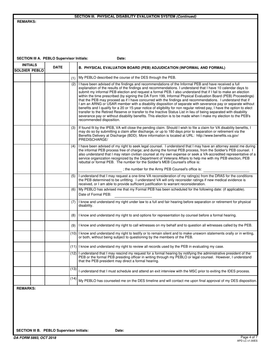 DA Form 5893 Soldiers Medical Evaluation Board / Physical Evaluation Board Counseling Checklist, Page 4
