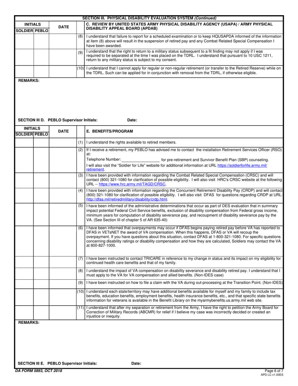 DA Form 5893 Soldiers Medical Evaluation Board / Physical Evaluation Board Counseling Checklist, Page 6