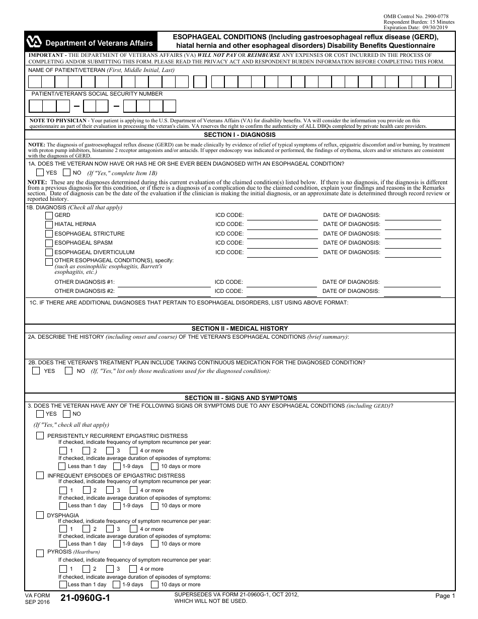 VA Form 21-0960g-1 Esophageal Conditions (Including Gastroesophageal Reflux Disease (GERD), Hiatal Hernia and Other Esophageal Disorders) Disability Benefits Questionnaire, Page 1