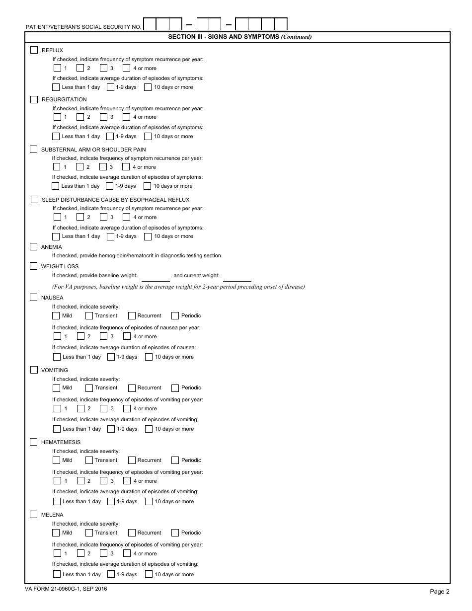 VA Form 21-0960g-1 Esophageal Conditions (Including Gastroesophageal Reflux Disease (GERD), Hiatal Hernia and Other Esophageal Disorders) Disability Benefits Questionnaire, Page 2