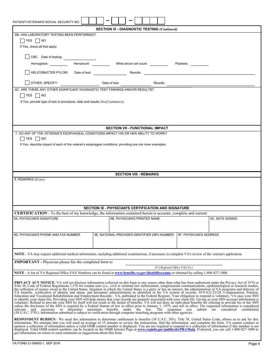 VA Form 21-0960g-1 Esophageal Conditions (Including Gastroesophageal Reflux Disease (GERD), Hiatal Hernia and Other Esophageal Disorders) Disability Benefits Questionnaire, Page 4