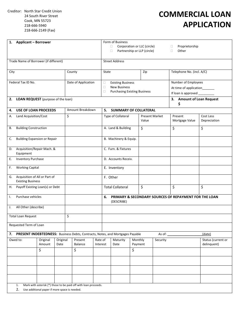 Commercial Loan Application Form - North Star Credit Union, Page 1
