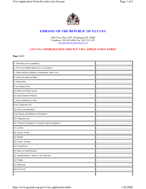 Guyana Visa Application Form - Embassy of the Republic of Guyana - Washington Download Pdf