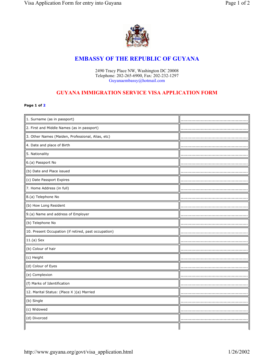 Guyana Visa Application Form - Embassy of the Republic of Guyana - Washington, Page 1