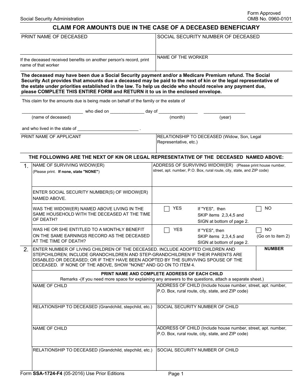 Form SSA-1724-F4 Claim for Amounts Due in the Case of a Deceased Beneficiary, Page 1