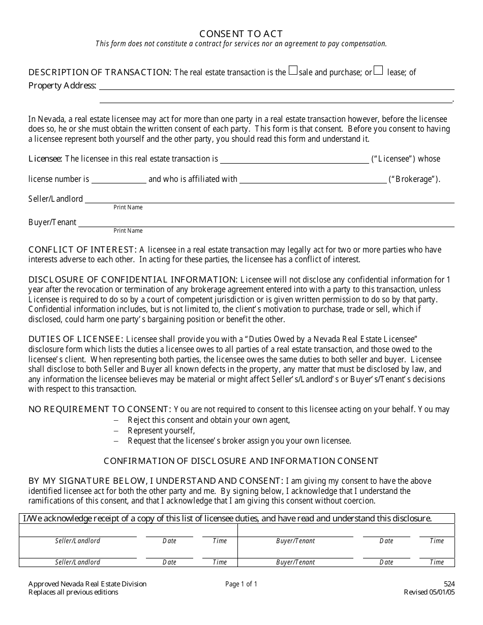 Form 524 Consent to Act - Nevada, Page 1