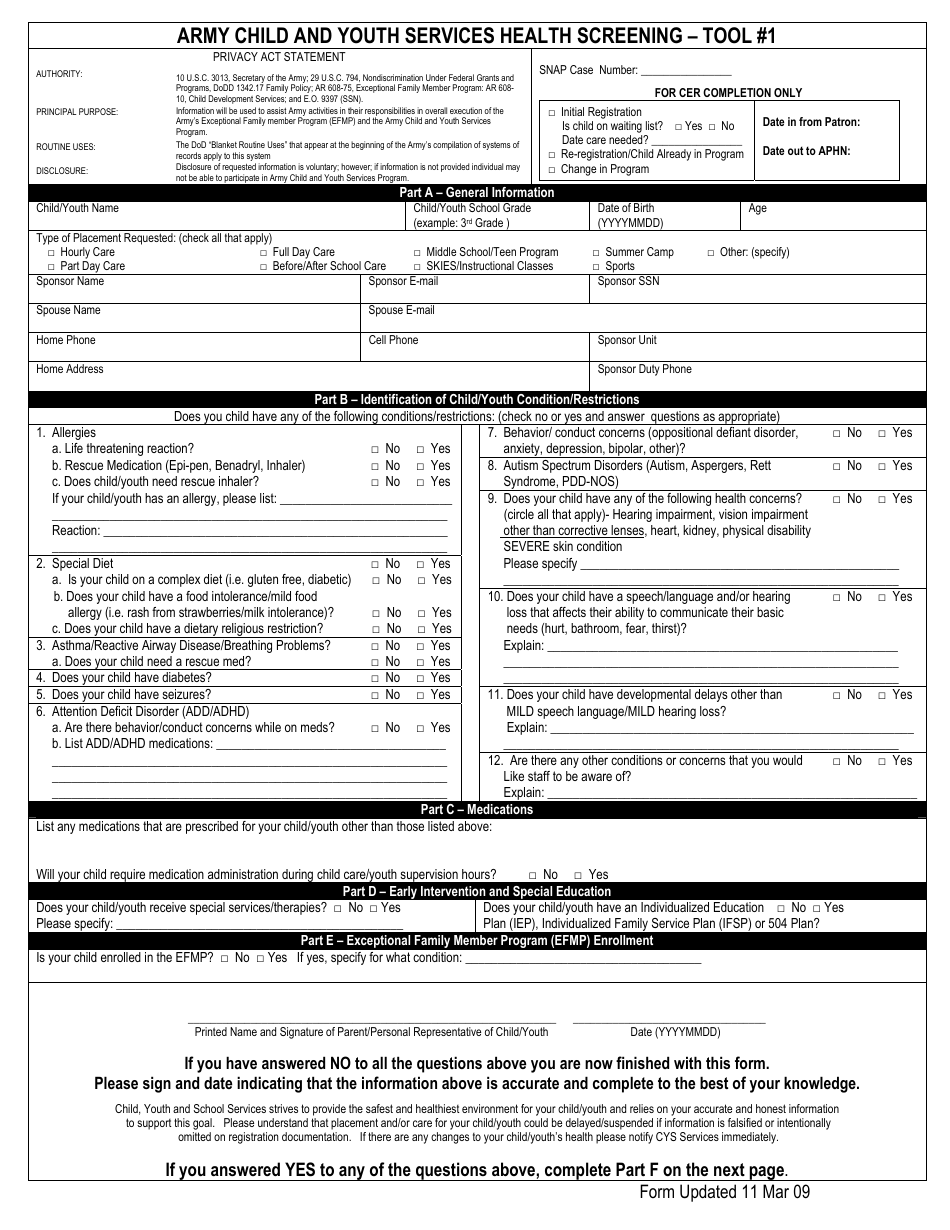 Army Child and Youth Services Health Screening - Tool #1, Page 1