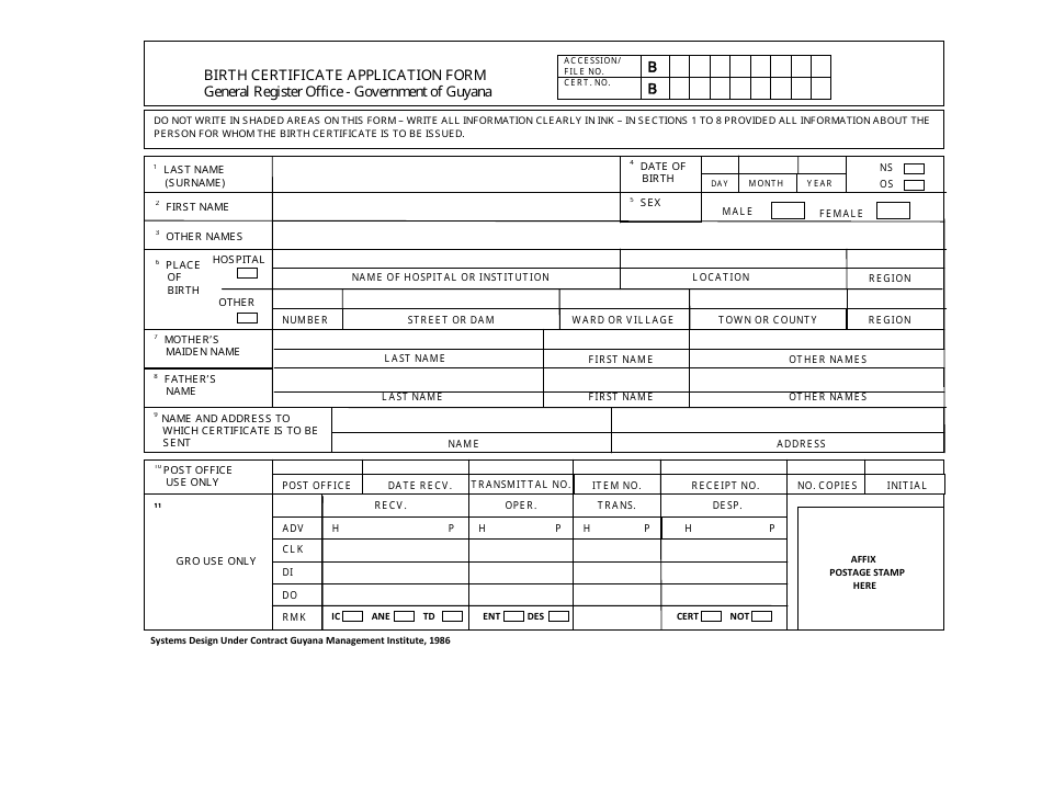 Birth Certificate Application Form - Guyana, Page 1