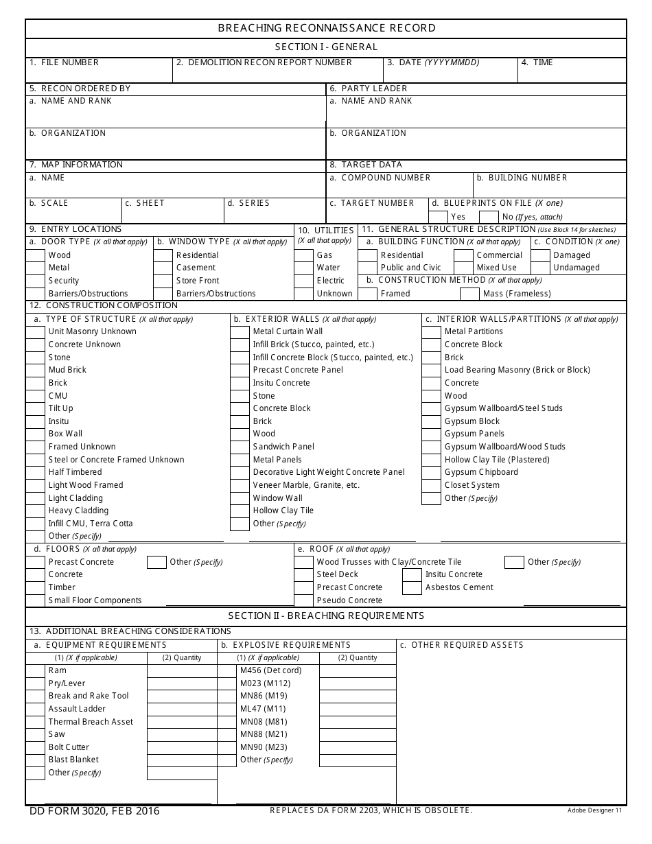 DD Form 3020 Breaching Reconnaissance Record, Page 1