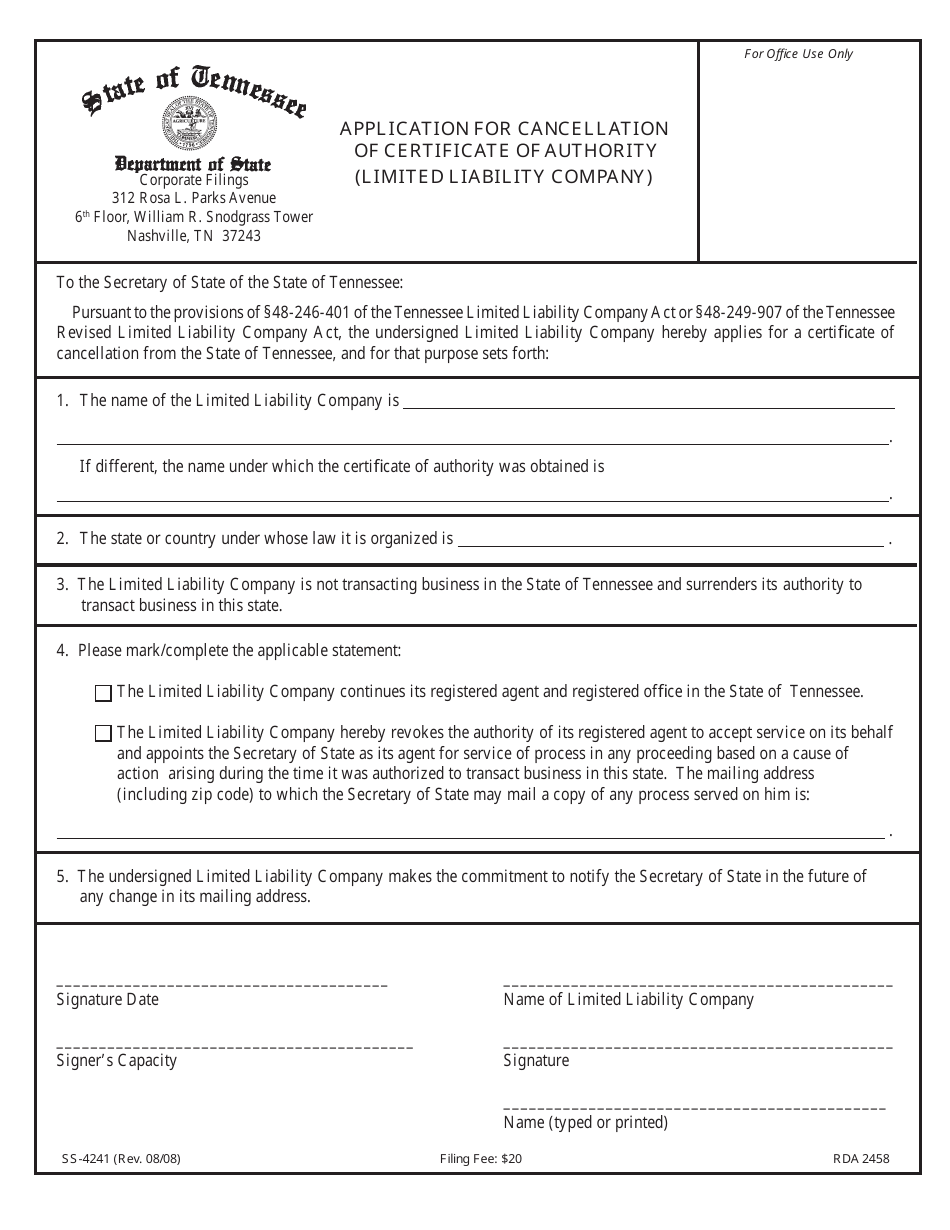 Form SS-4241 Application for Cancellation of Certificate of Authority (Limited Liability Company) - Tennessee, Page 1