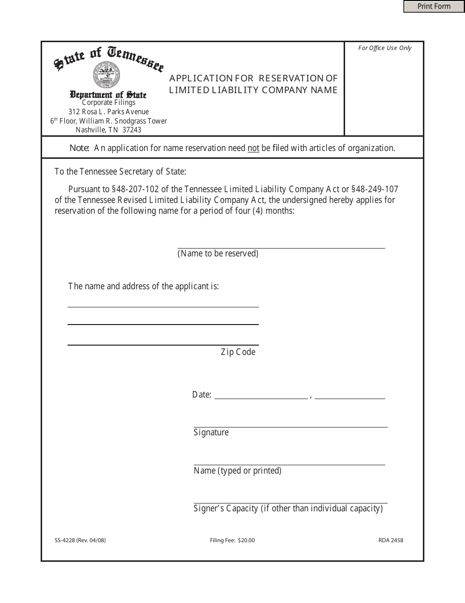 Form SS-4228 Application for Reservation of Limited Liability Company Name - Tennessee, Page 1