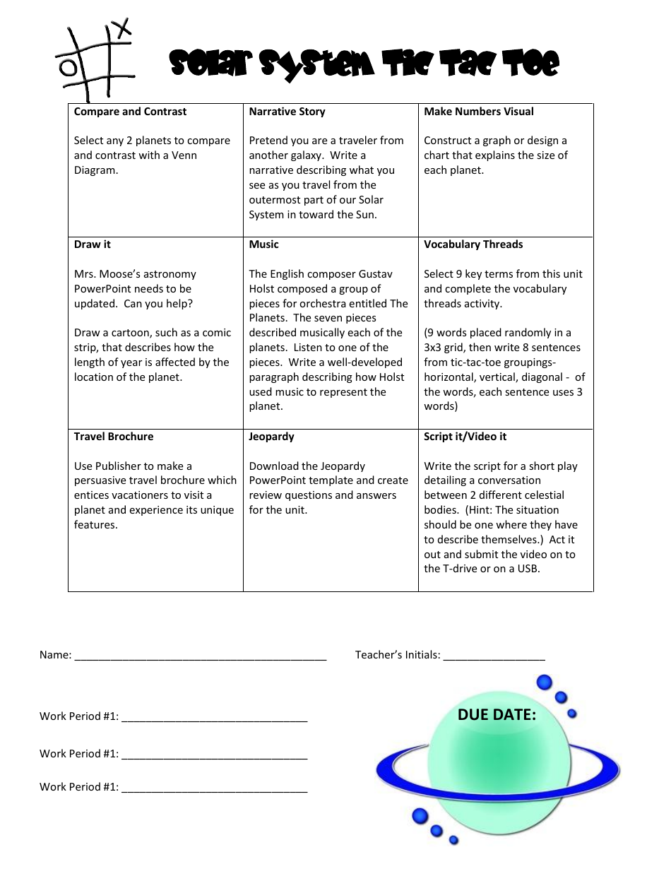 Solar System Tic Tac Toe Activity Sheet and Score Card Template