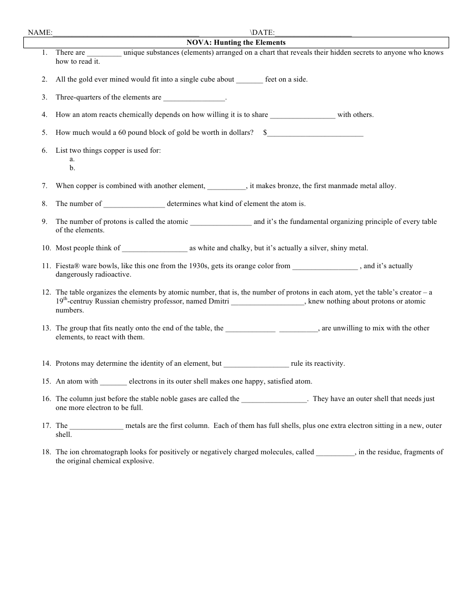 Nova: Hunting the Elements Worksheet Download Printable PDF Intended For Hunting The Elements Worksheet Answers