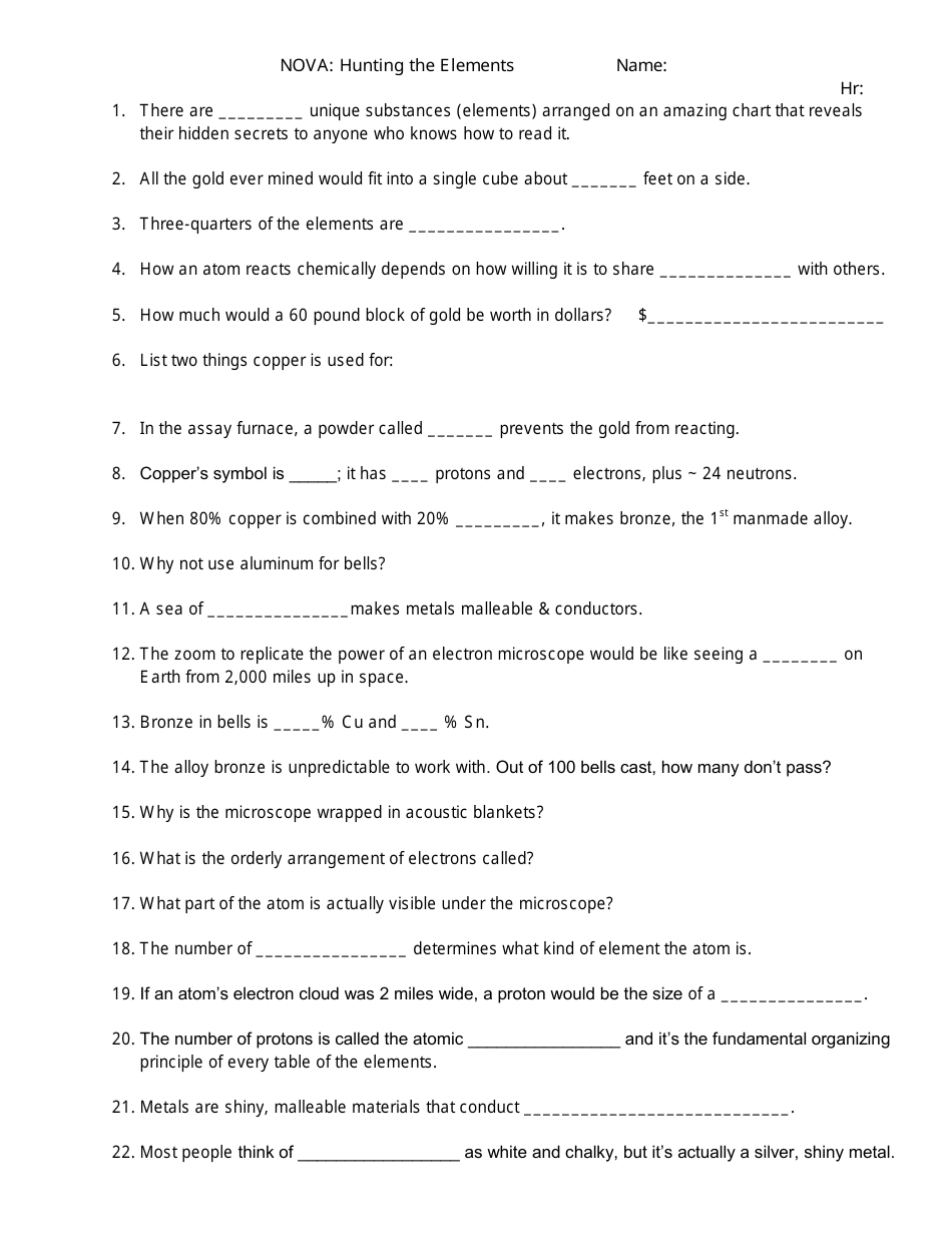 Nova: Hunting The Elements Worksheet Download Printable Pdf Within Hunting The Elements Worksheet Answers
