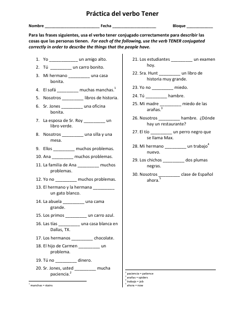 Practica Del Verbo Tener Spanish Worksheet Download Printable PDF 