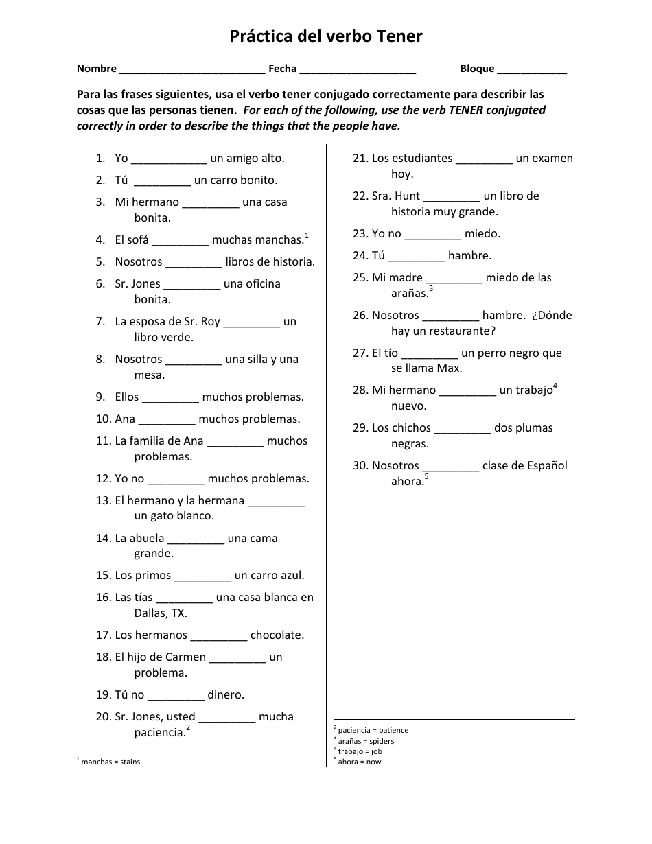 Tener To Have Worksheet Answers Carson Dellosa