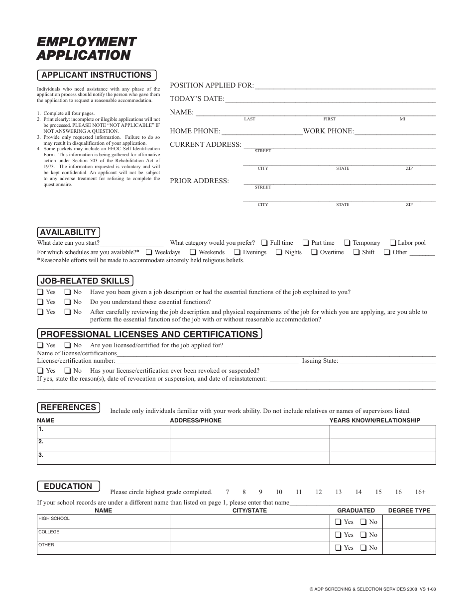 Employment Application Form - Adp Screening  Selection Services, Page 1