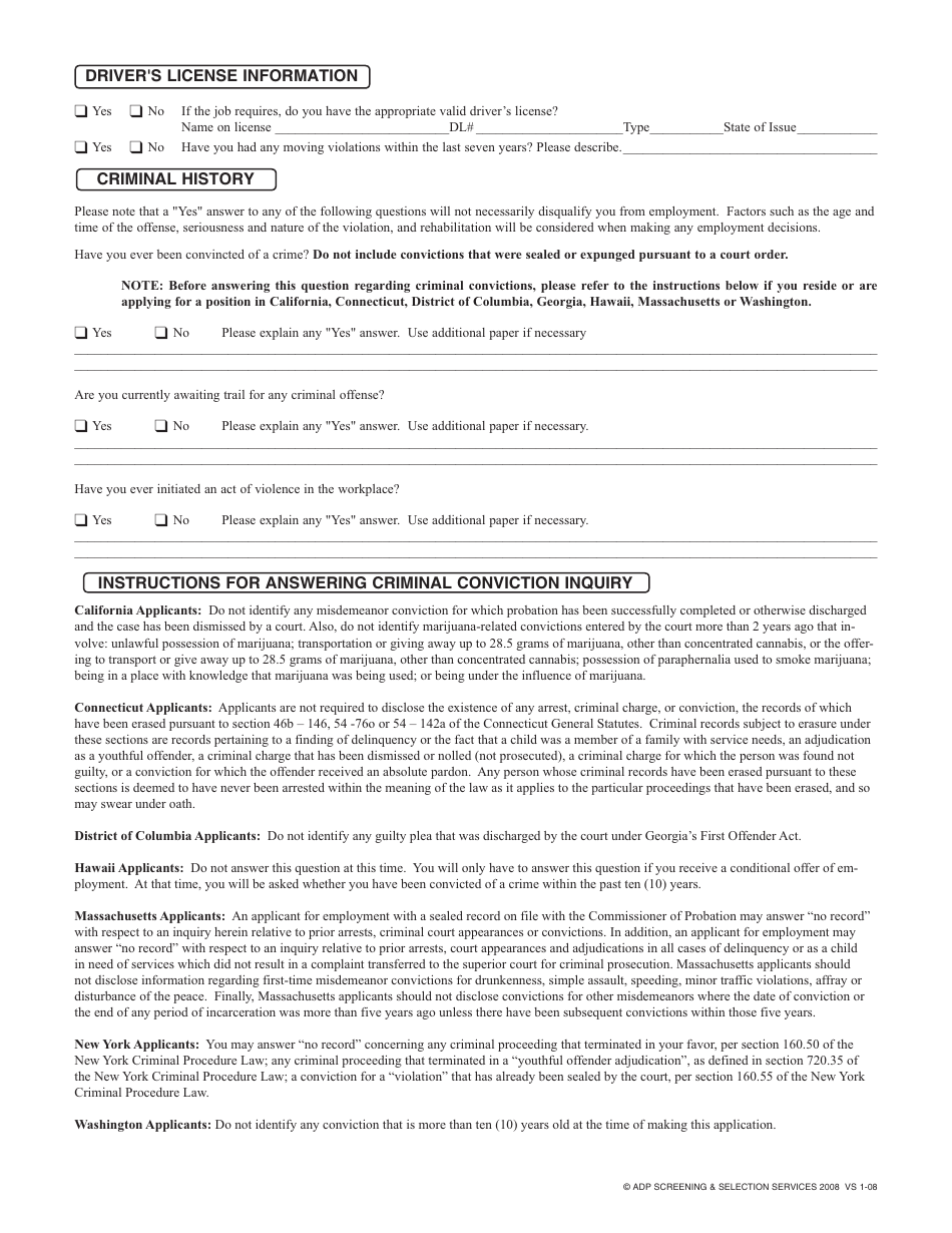 Employment Application Form - Adp Screening & Selection Services - Fill
