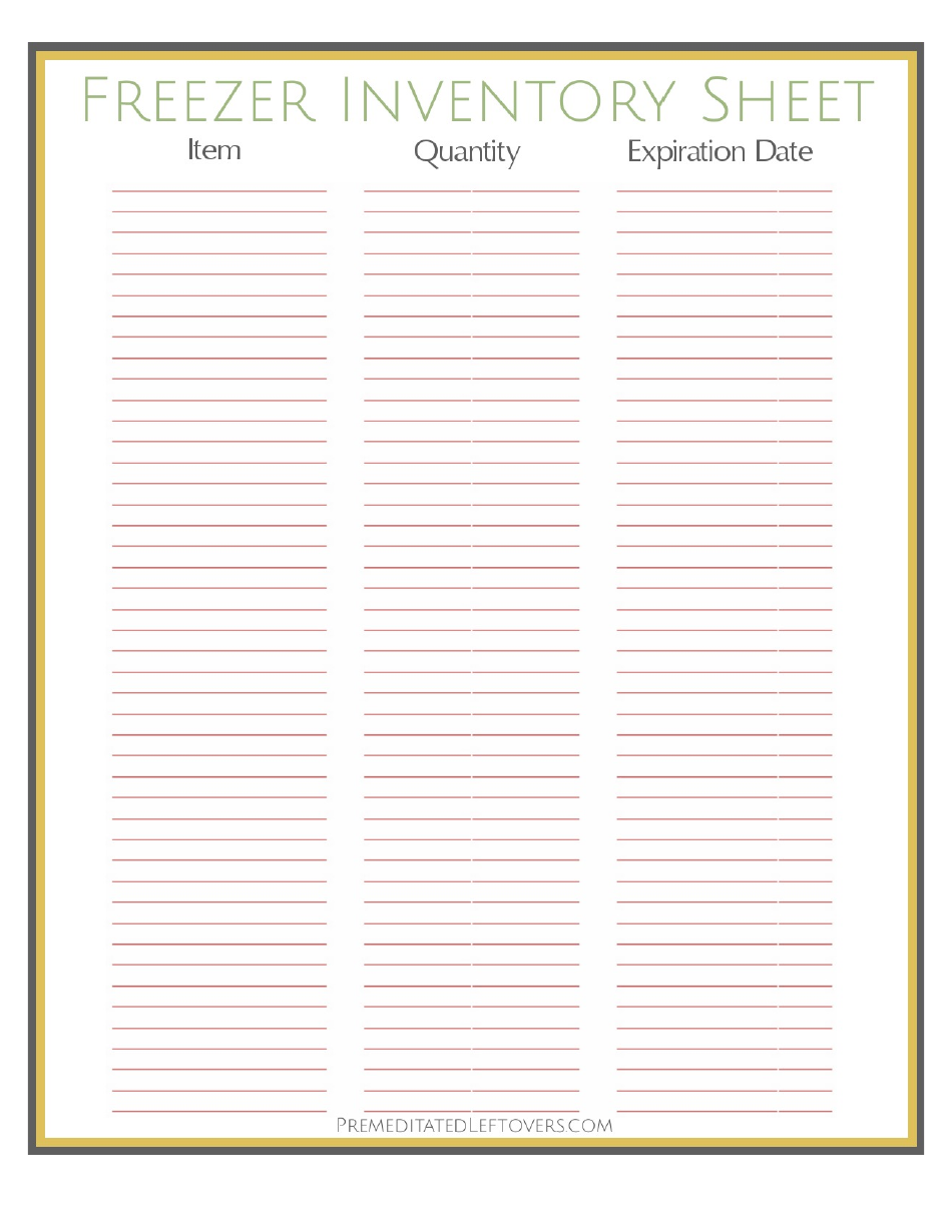 Freezer Inventory Sheet Template - Yellow, Page 1