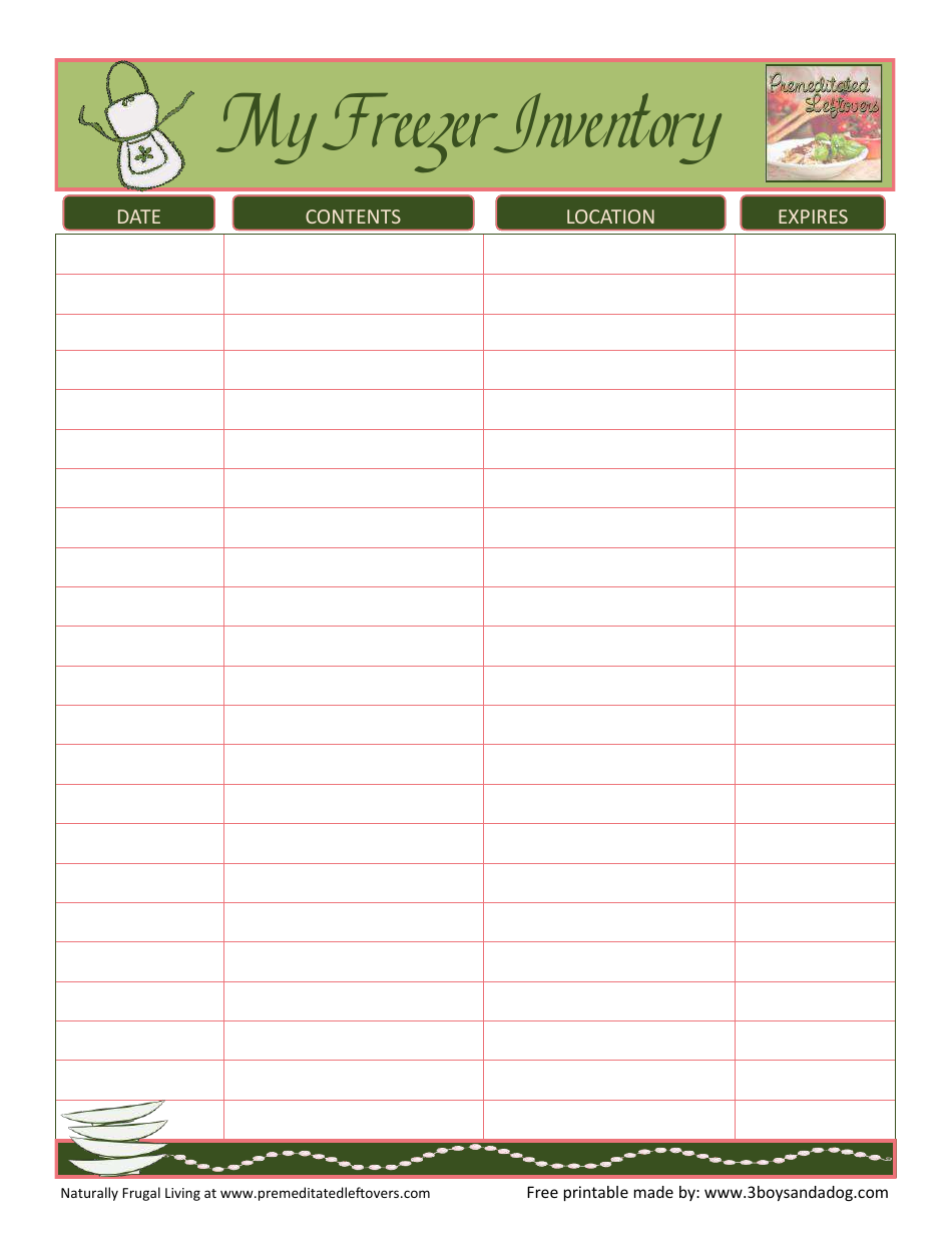 Freezer Inventory Spreadsheet Template - Green, Page 1