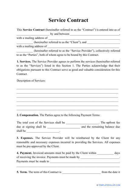 Service Contract Template - Fill Out, Sign Online and Download PDF ...