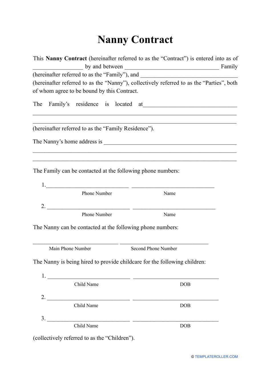 Nanny Contract Template Download Printable Pdf Templateroller
