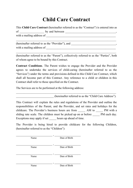 "Child Care Contract Template" Download Pdf
