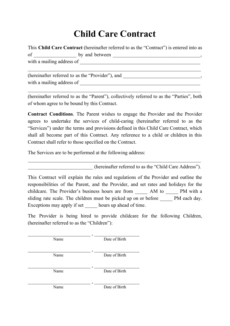 In Home Child Care Contract Template