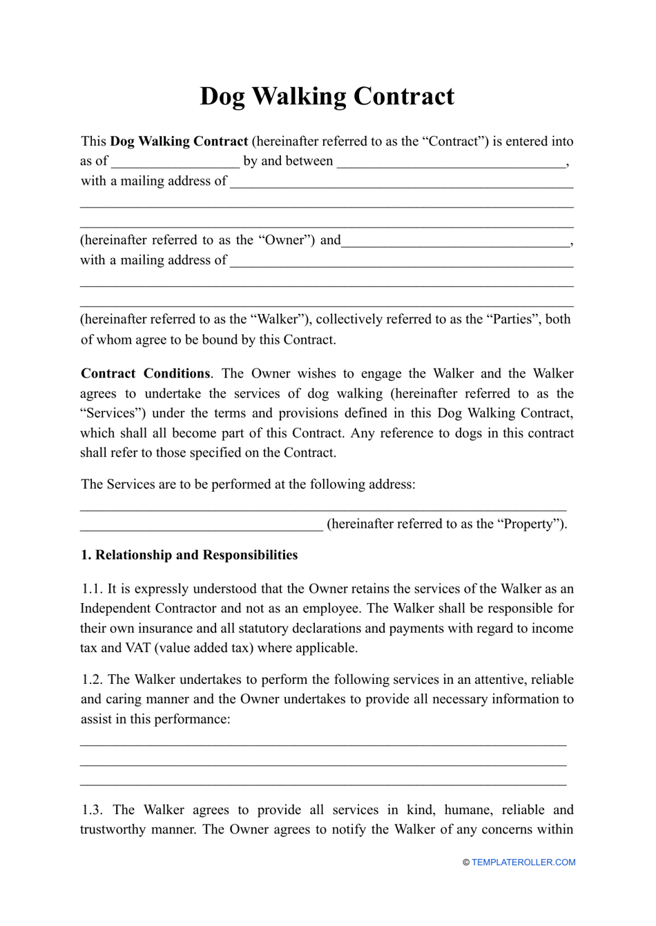 Dog Walking Contract Template, Page 1