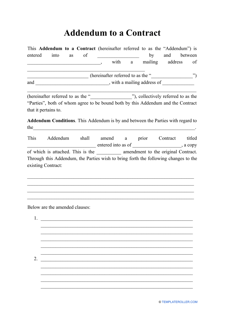 Addendum to a Contract Download Printable PDF  Templateroller