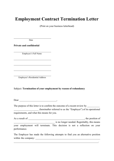 &quot;Employment Contract Termination Letter Template&quot; Download Pdf