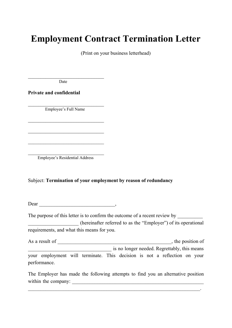 Termination Agreement Employment Template