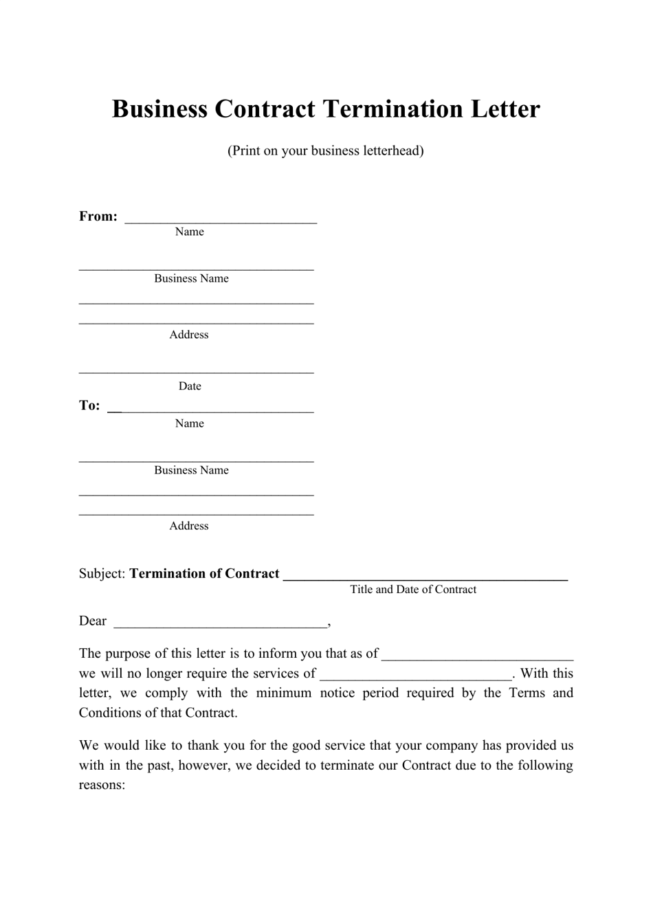 Business Contract Termination Letter Template Download Printable