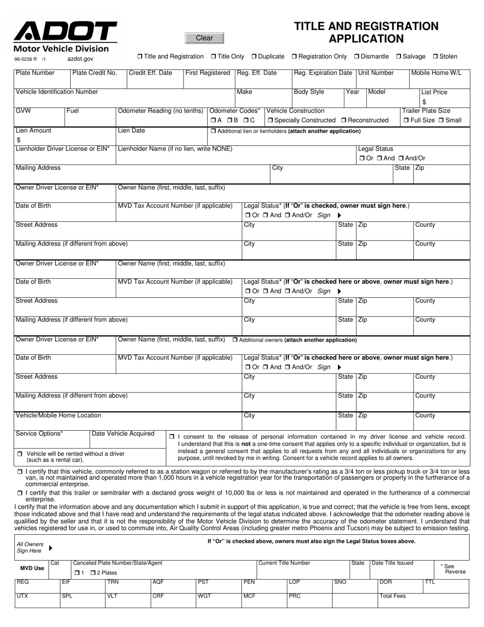 Form 96-0236 Title and Registration Application - Arizona, Page 1