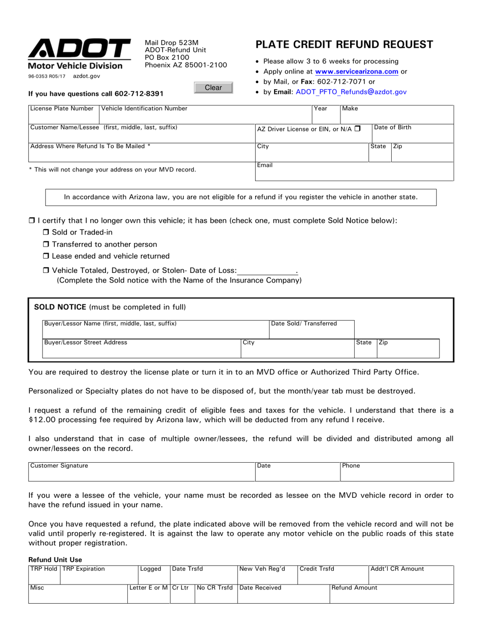 Form 96-0353 Plate Credit Refund Request - Arizona, Page 1