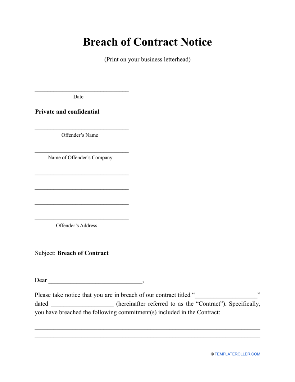 Breach of Contract Notice Template Download Printable PDF Templateroller
