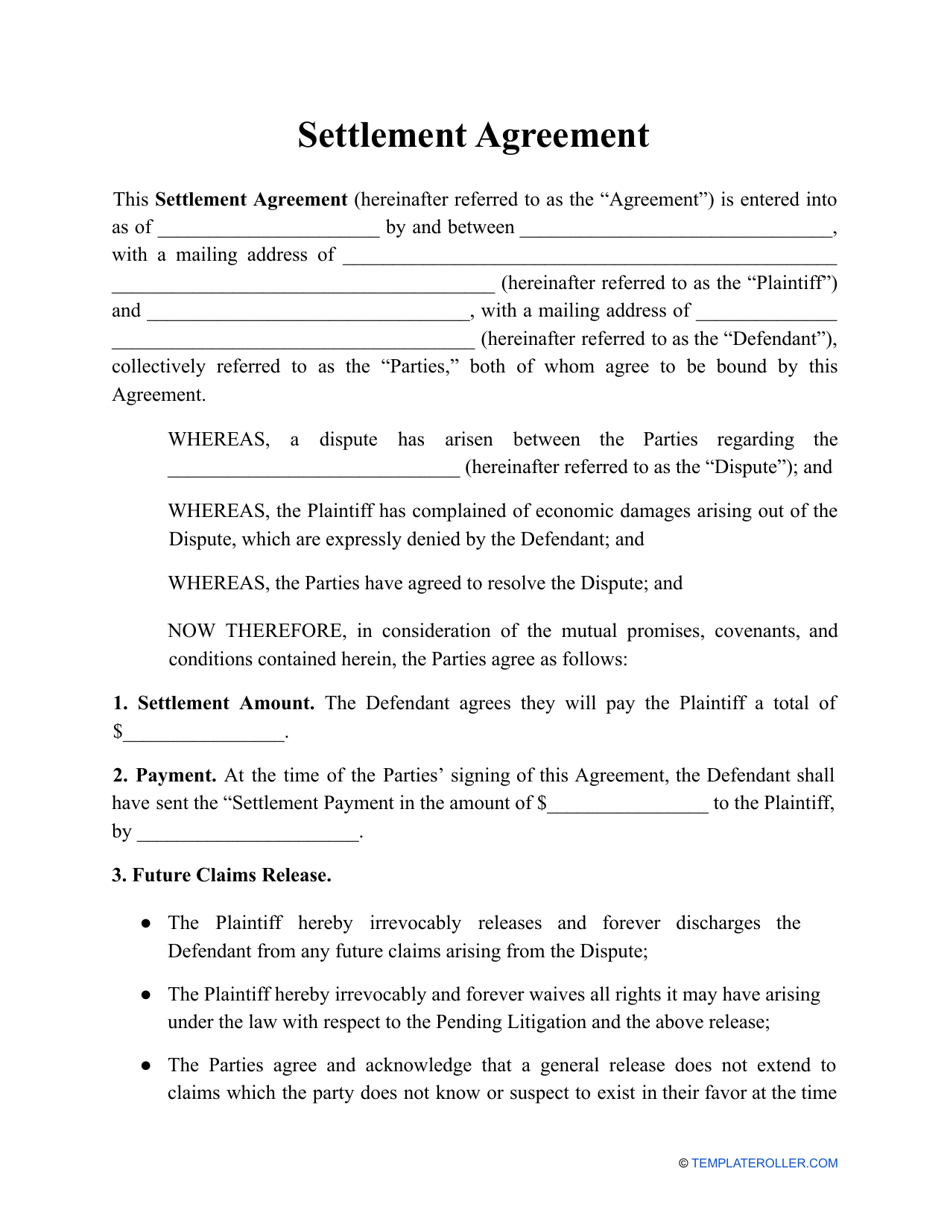 Settlement Agreement Template, Page 1