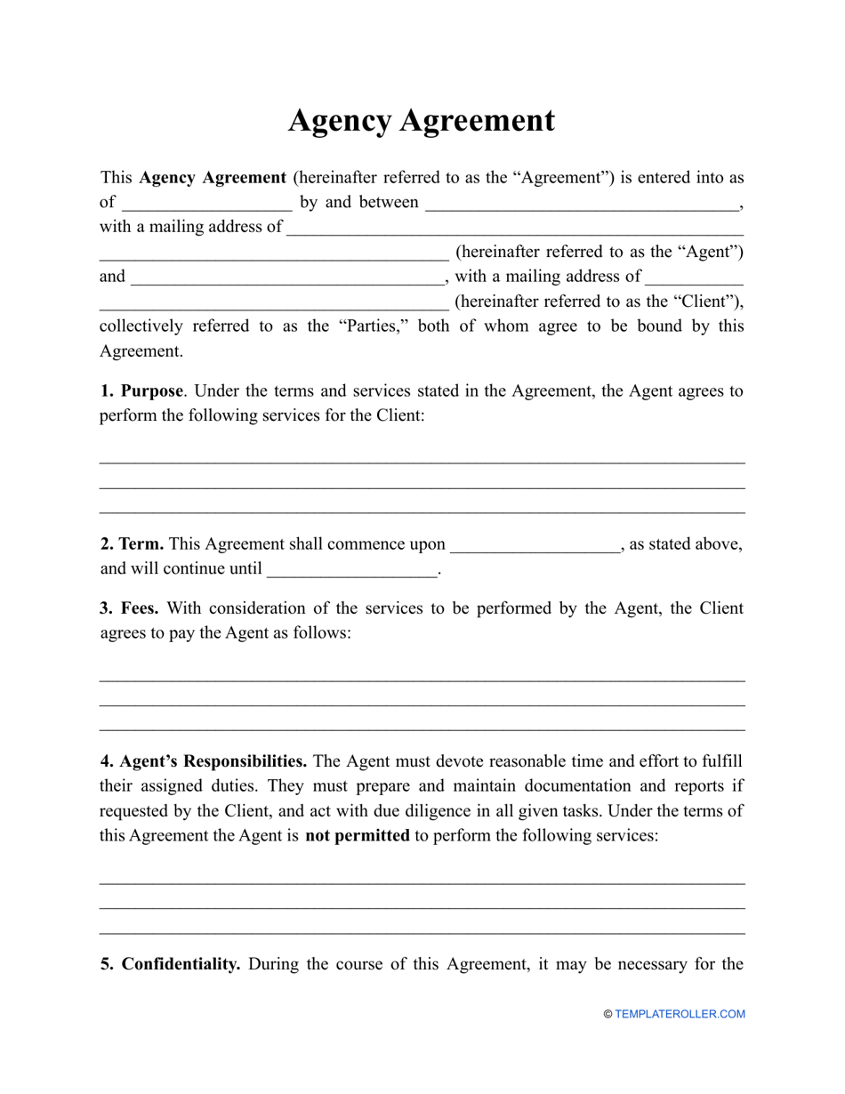 Agency Agreement Template Download Printable PDF Templateroller