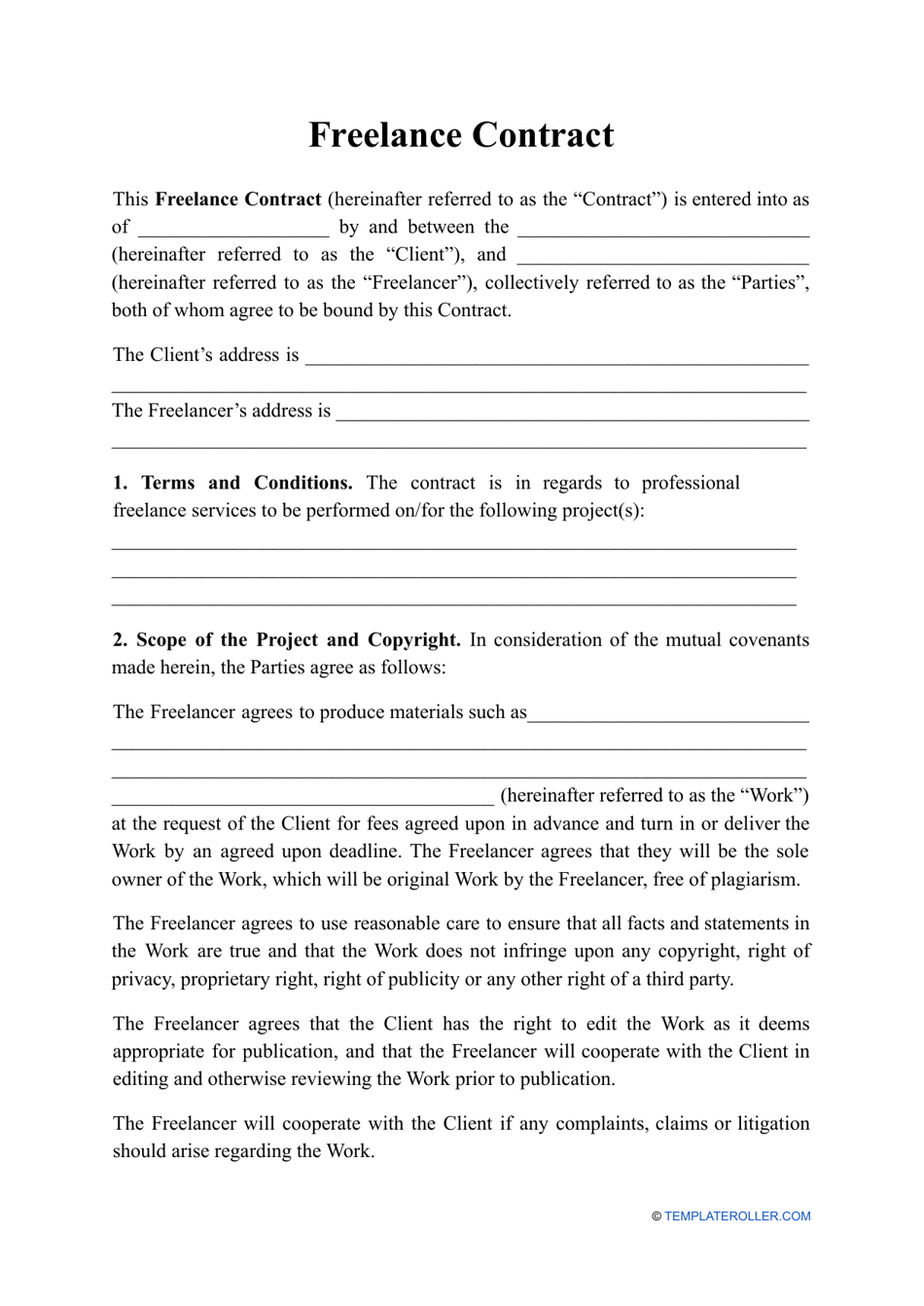 Freelance Contract Template Download Printable PDF Templateroller