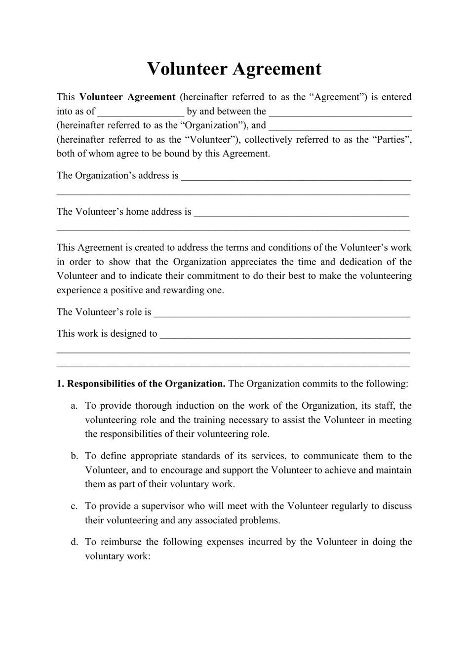 Volunteer Agreement Template Download Printable PDF  Templateroller Pertaining To volunteering form disclaimer templates