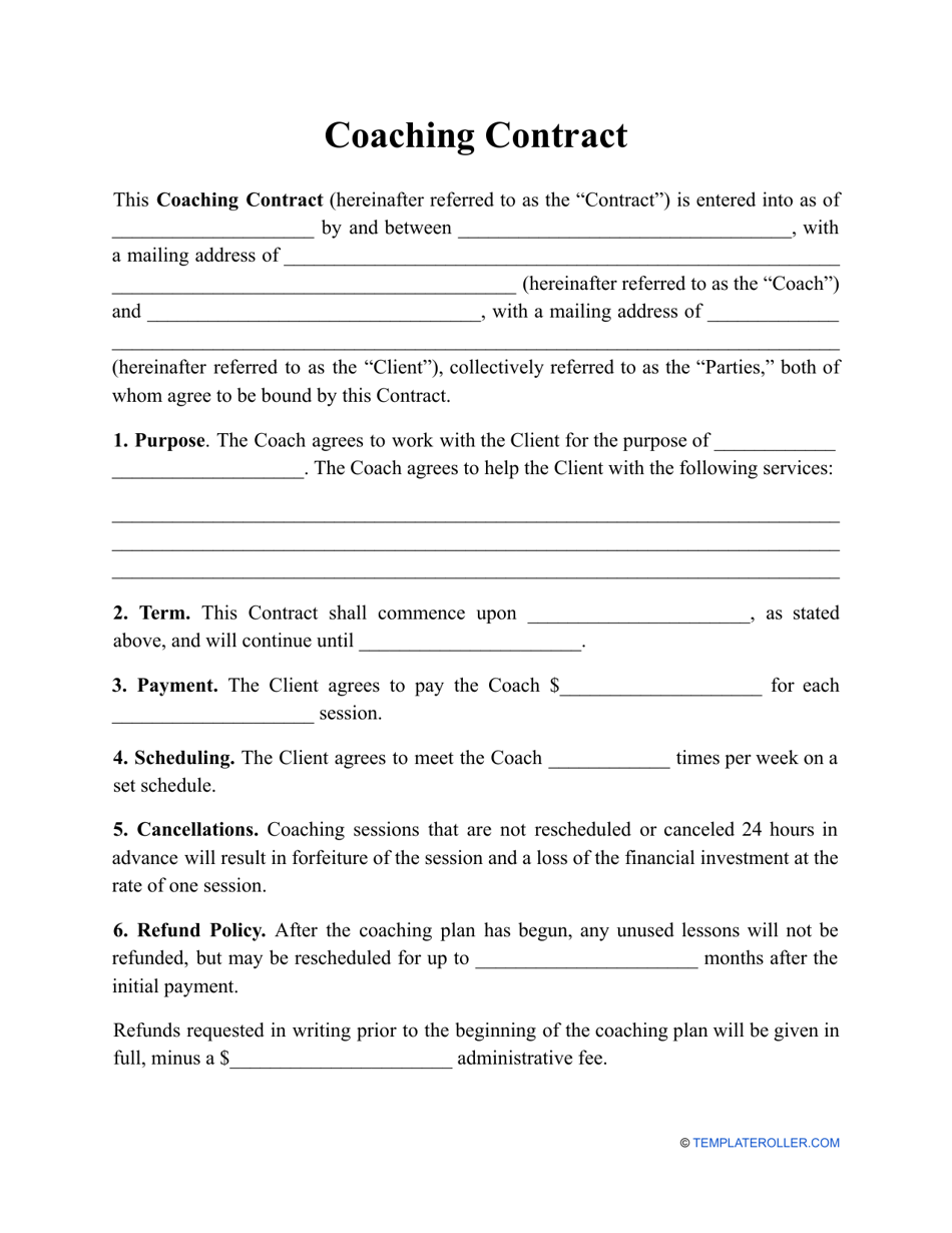 Coaching Contract Template Download Printable PDF | Templateroller