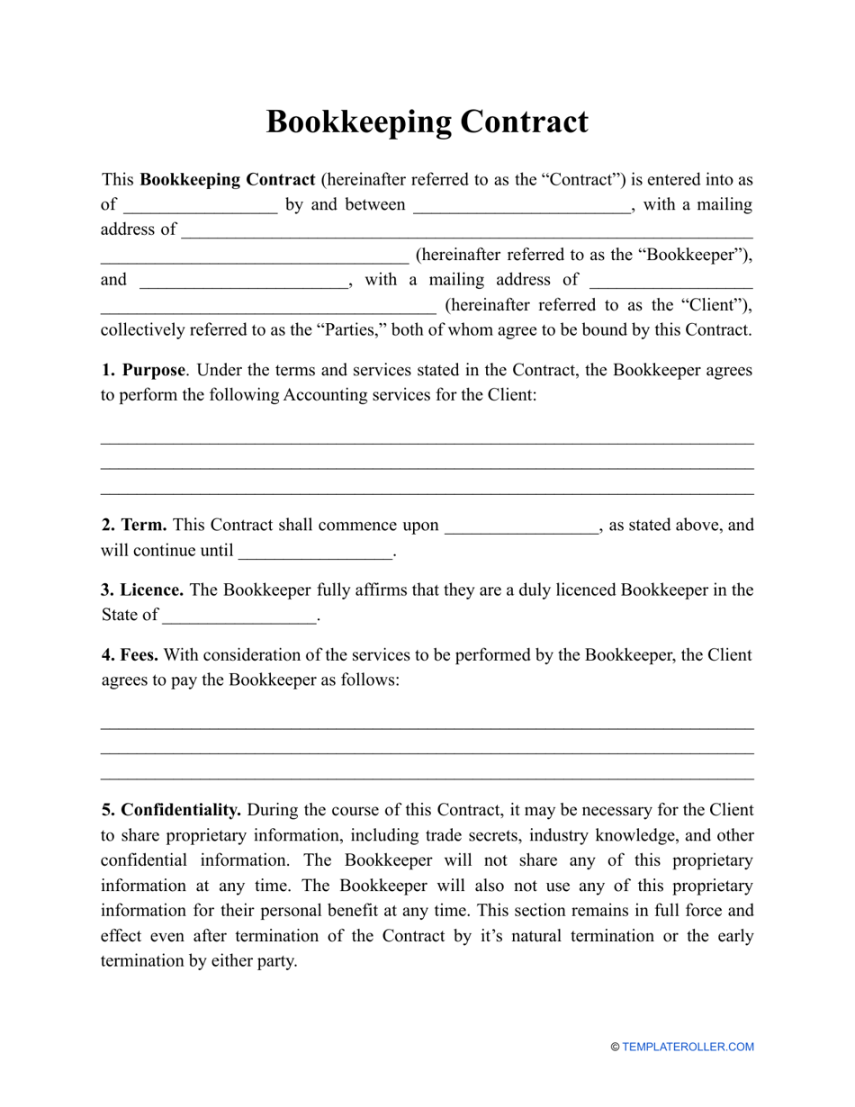 Bookkeeping Contract Template Download Printable PDF  Templateroller With accountant confidentiality agreement template