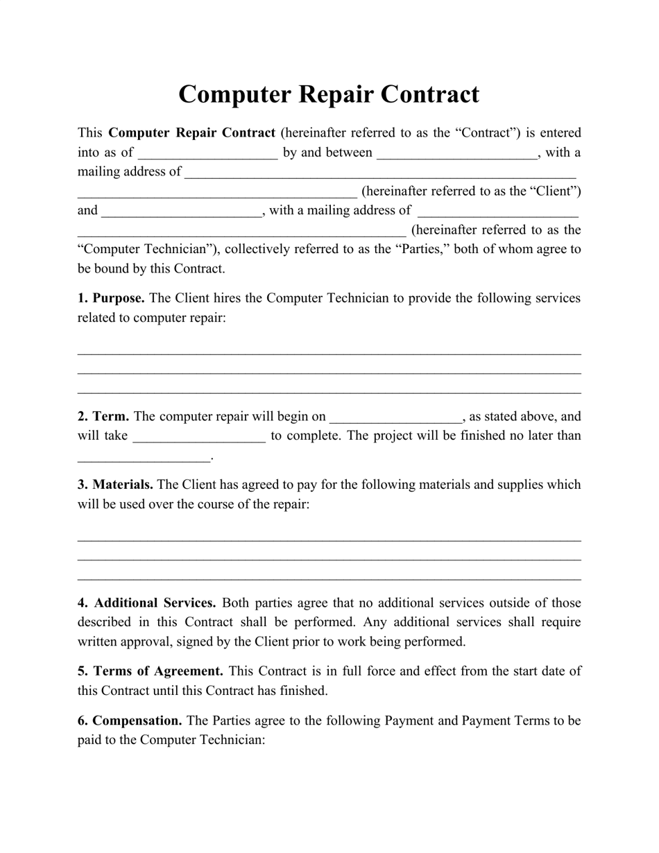 Computer Service Contract Template   Computer Repair Contract Template Print Big 