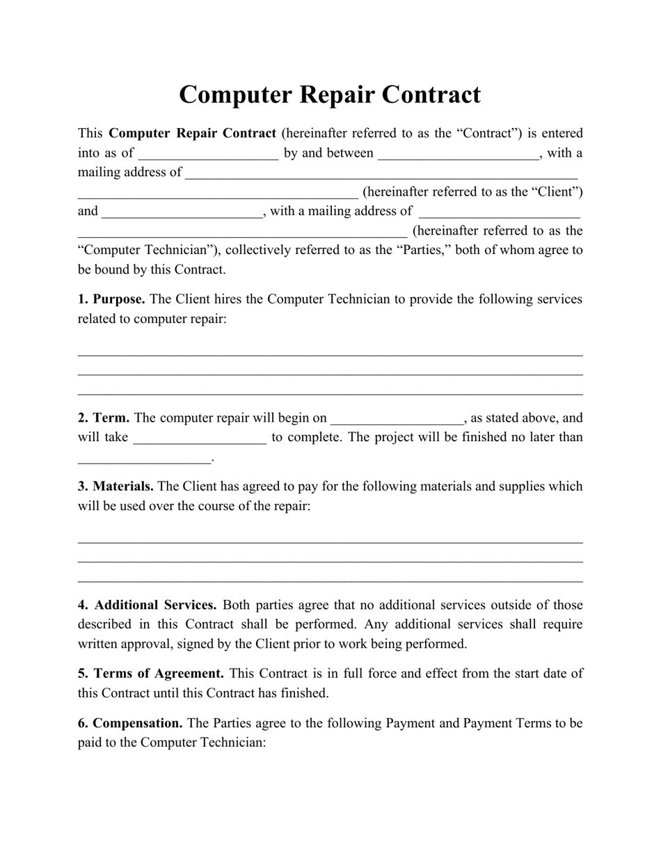 Computer Repair Contract Template, Page 1