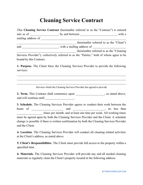 Cleaning Service Contract Template Download Pdf