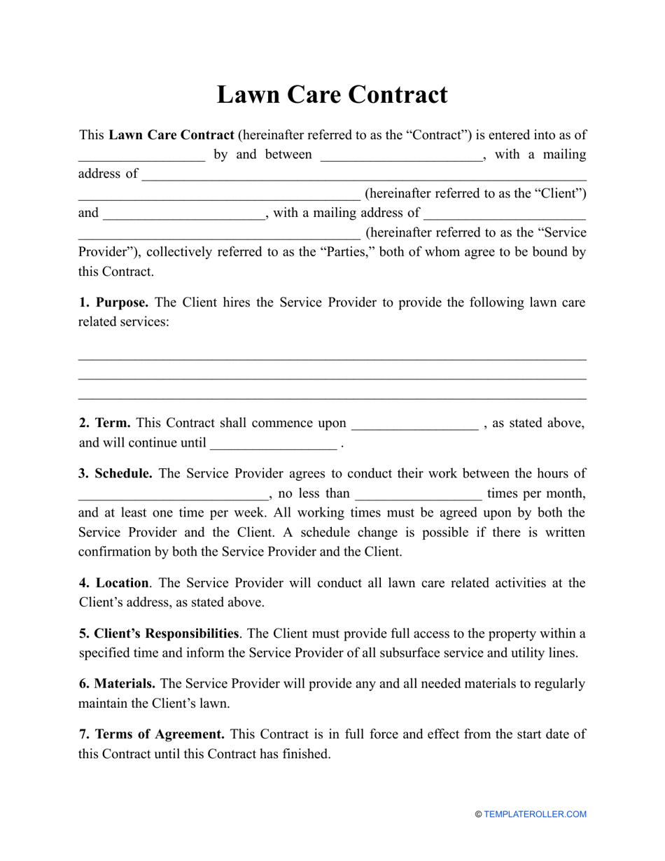 Printable Lawn Care Contract Template