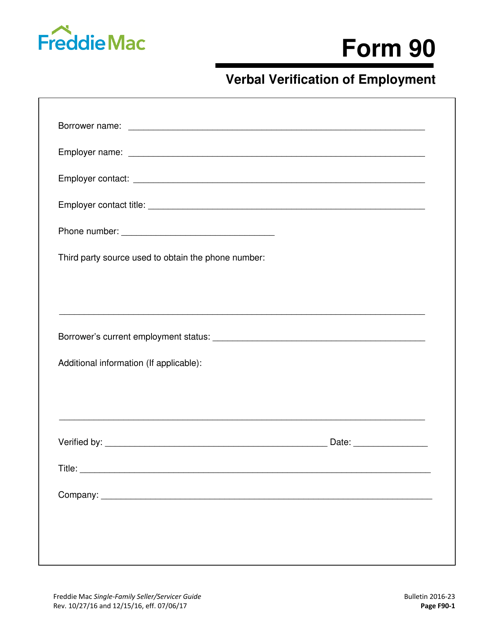 Freddie Mac Form 90 Verbal Verification of Employment